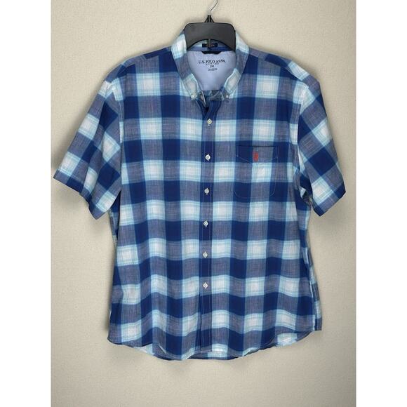 US Polo Assn Button Down Shirt Men Size XXL Blue Plaid Embroidered Short Sleeve - Picture 1 of 10